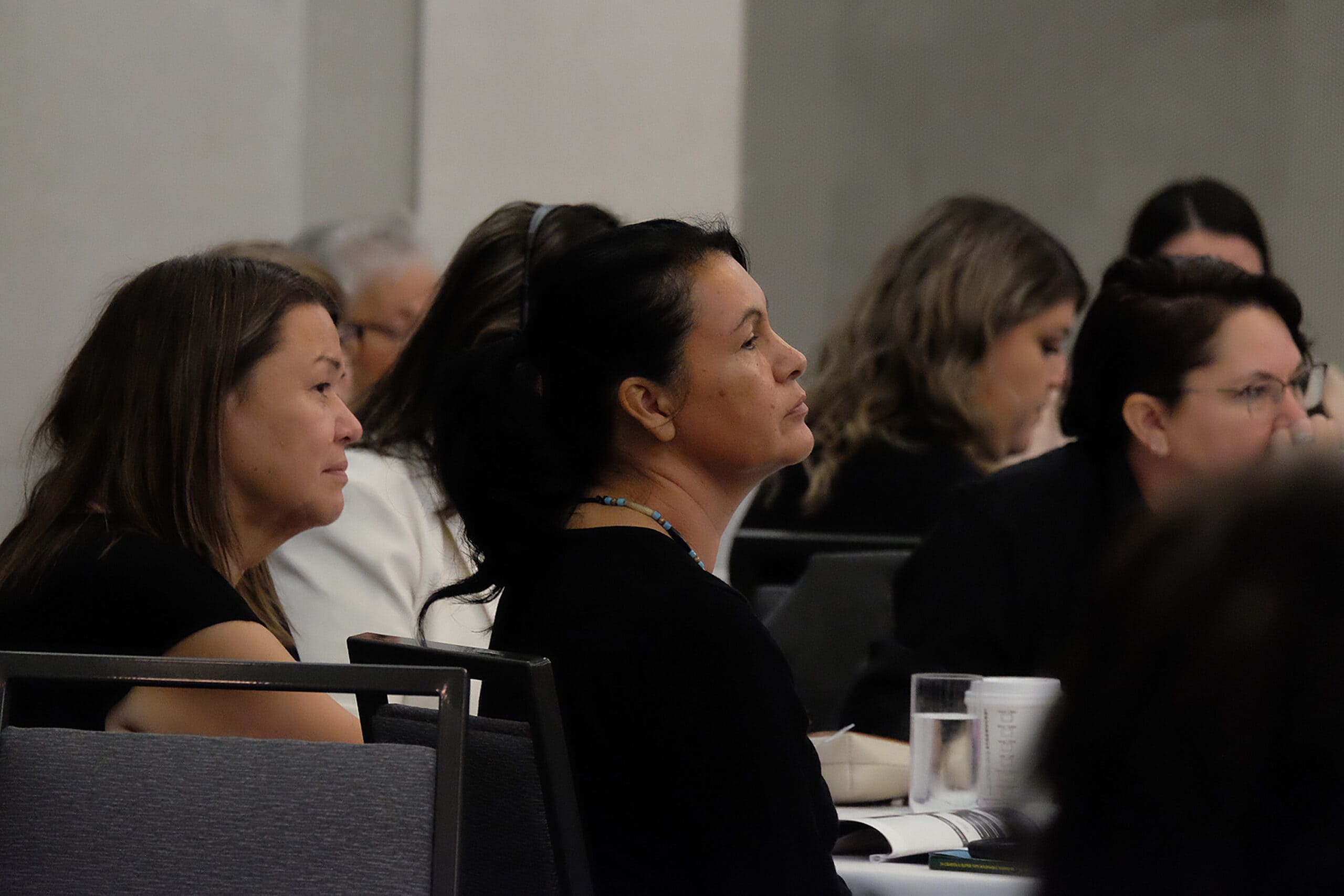 Profiles of the faces of some participants in the crowd at the MMIWG2s+ Urban Indigenous Action Group first annual National summit, listening to the keynote speakers.