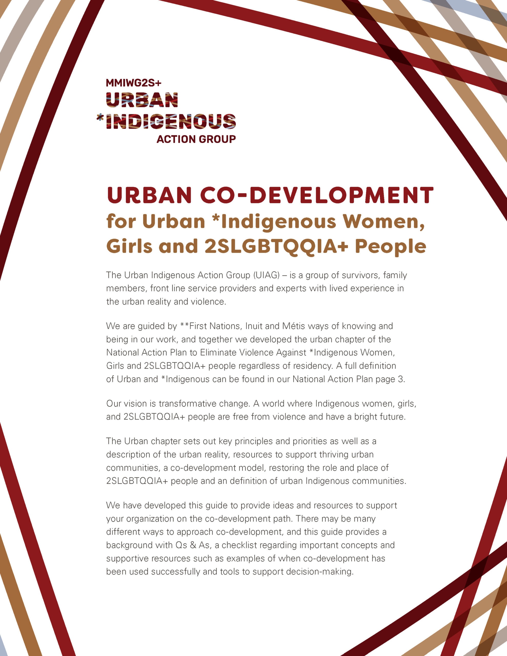 Cover page for the Urban Co-Development for Urban Indigenous Women, Girls, 2SLGBTQQIA+ People.