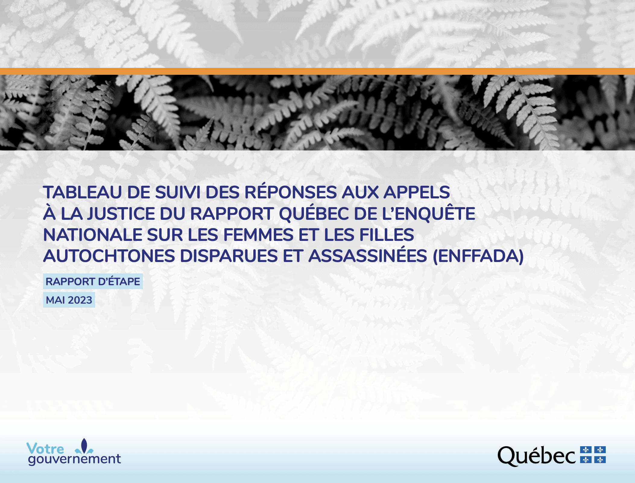 Page de couverture du Tableau de suivi des réponses aux appels à la justice du Rapport Québécois de l'Enquête nationale sur les femmes et les filles Autochtones disparues et assassinées (ENFFADA).